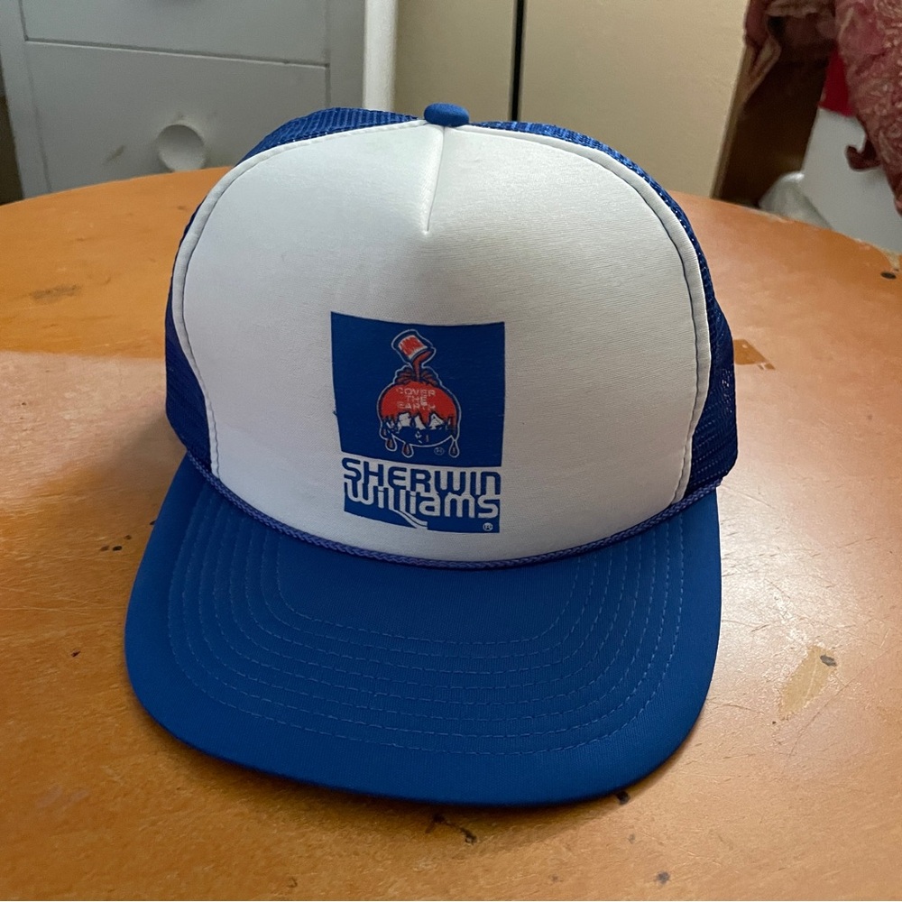 Vintage Sherwin Williams Paint SnapBack Trucker Hat Blue Mesh Cap USA Made